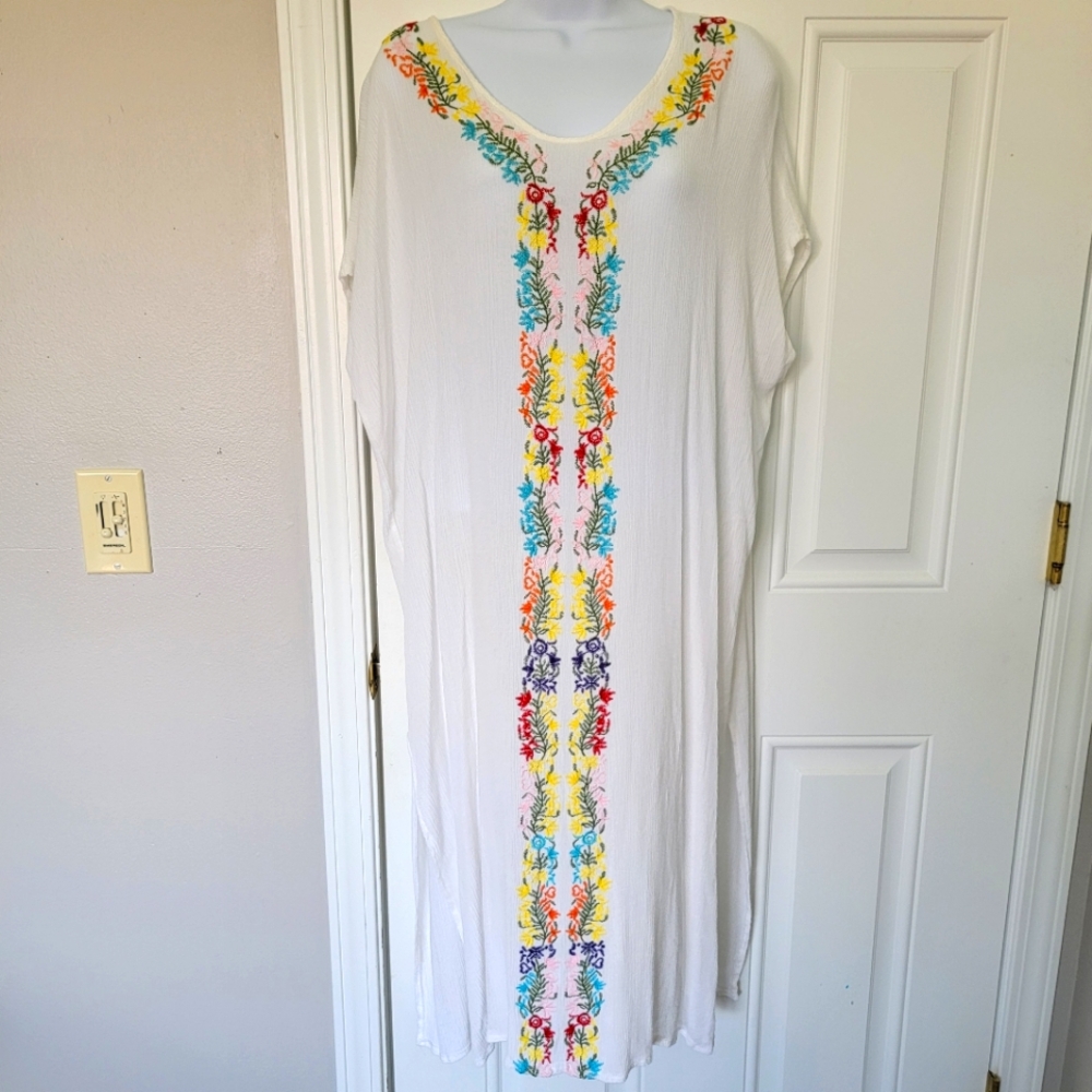 Sheer Gauzy White Floral Caftan Kimono Swim Cover Up Beach Vacation Pool OS